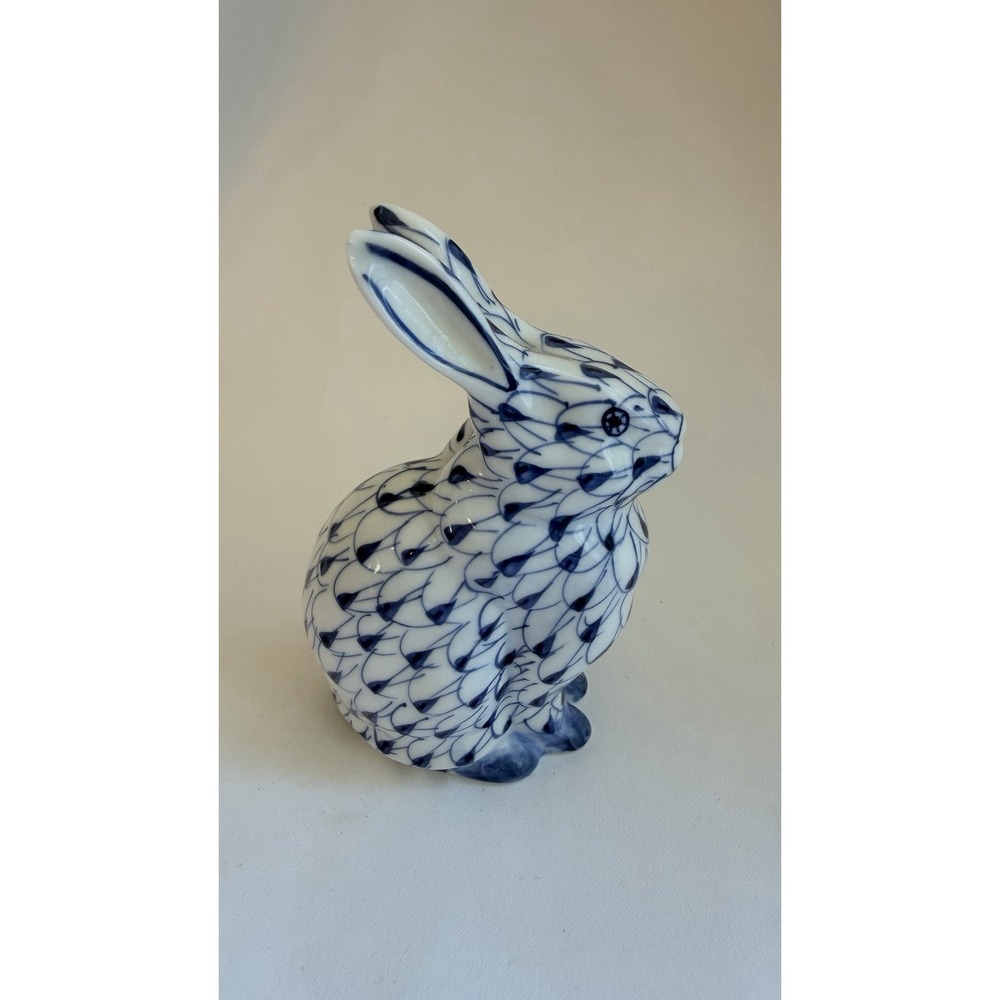 Andrea by Sadek Blue & White Rabbit Porcelain Figurine Hand Painted Glossy